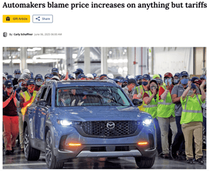 Mazda said it has not announced price increases, but dealers say it has started to cut expenses elsewhere. The Mazda CX-50 is the only vehicle the automaker builds in the U.S., but it still faces a 10 percent tariff on parts imported from Japan.