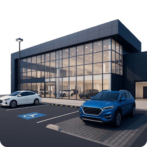 3D-rendered graphic of a modern auto dealership with glass windows, multiple parked cars, and a sleek, clean exterior design.