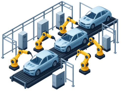 3D isometric digital illustration of a modern automotive manufacturing facility with robotic arms assembling car frames on a production line, isolated on a white background.