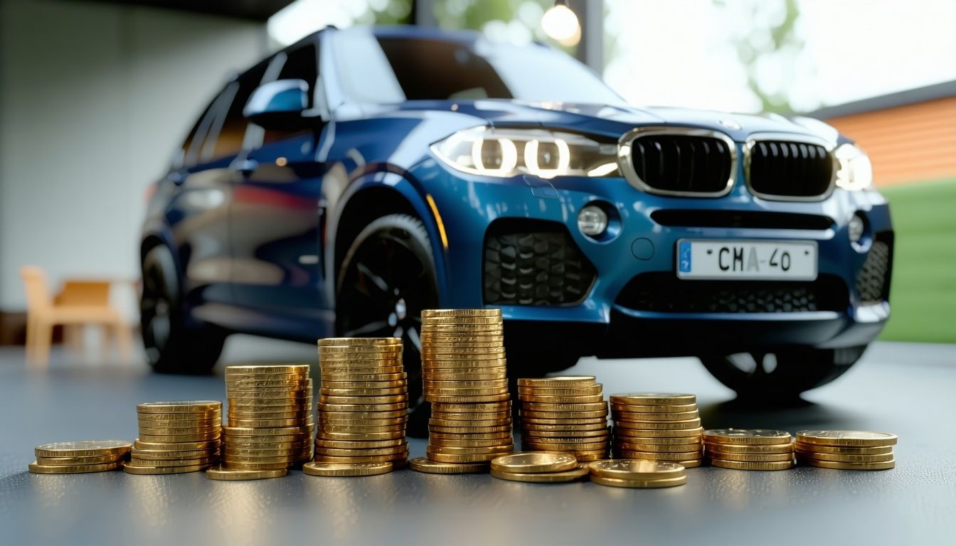 coin stacks in front of standard SUV car-1